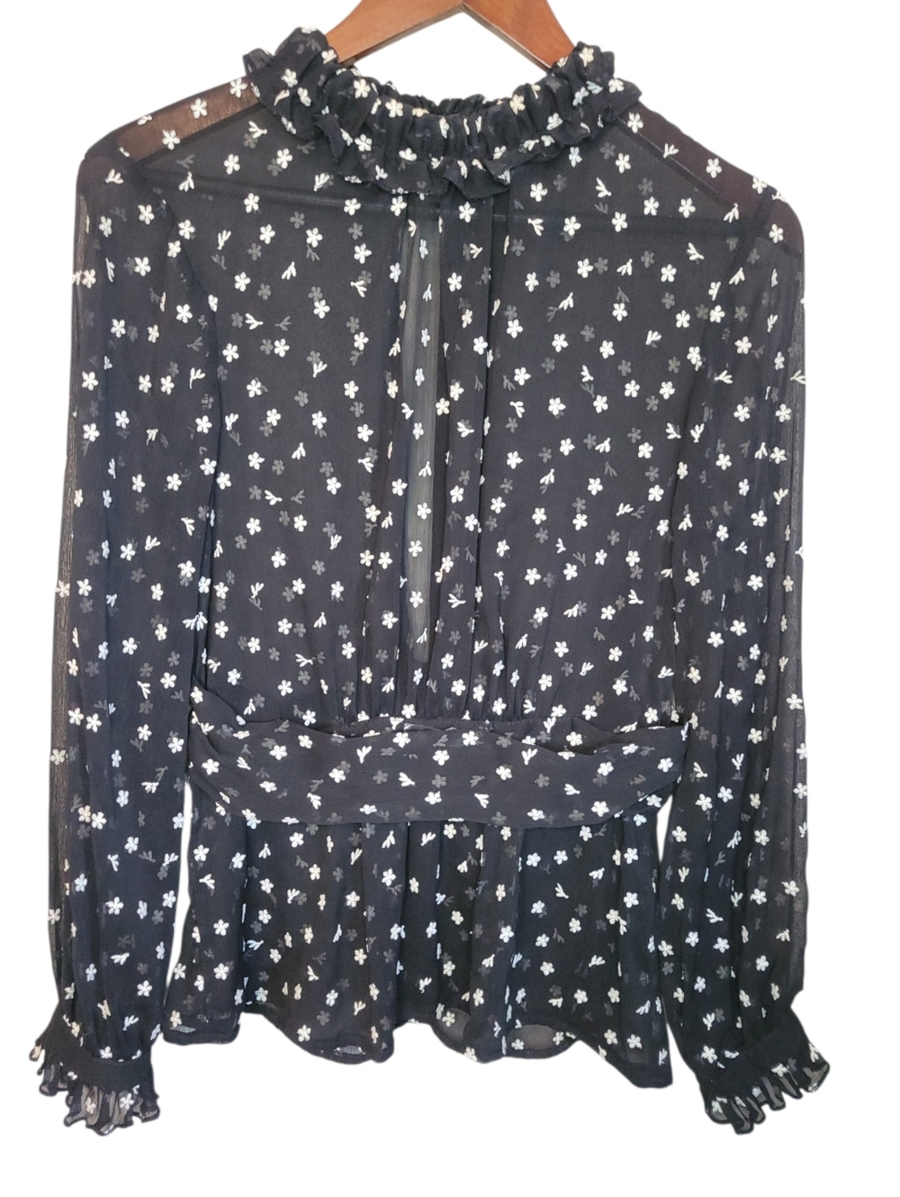 Zara Sheer Embroidered Blouse Small Black Floral Mesh Ruffle Neck Peplum Top - Picture 6 of 10
